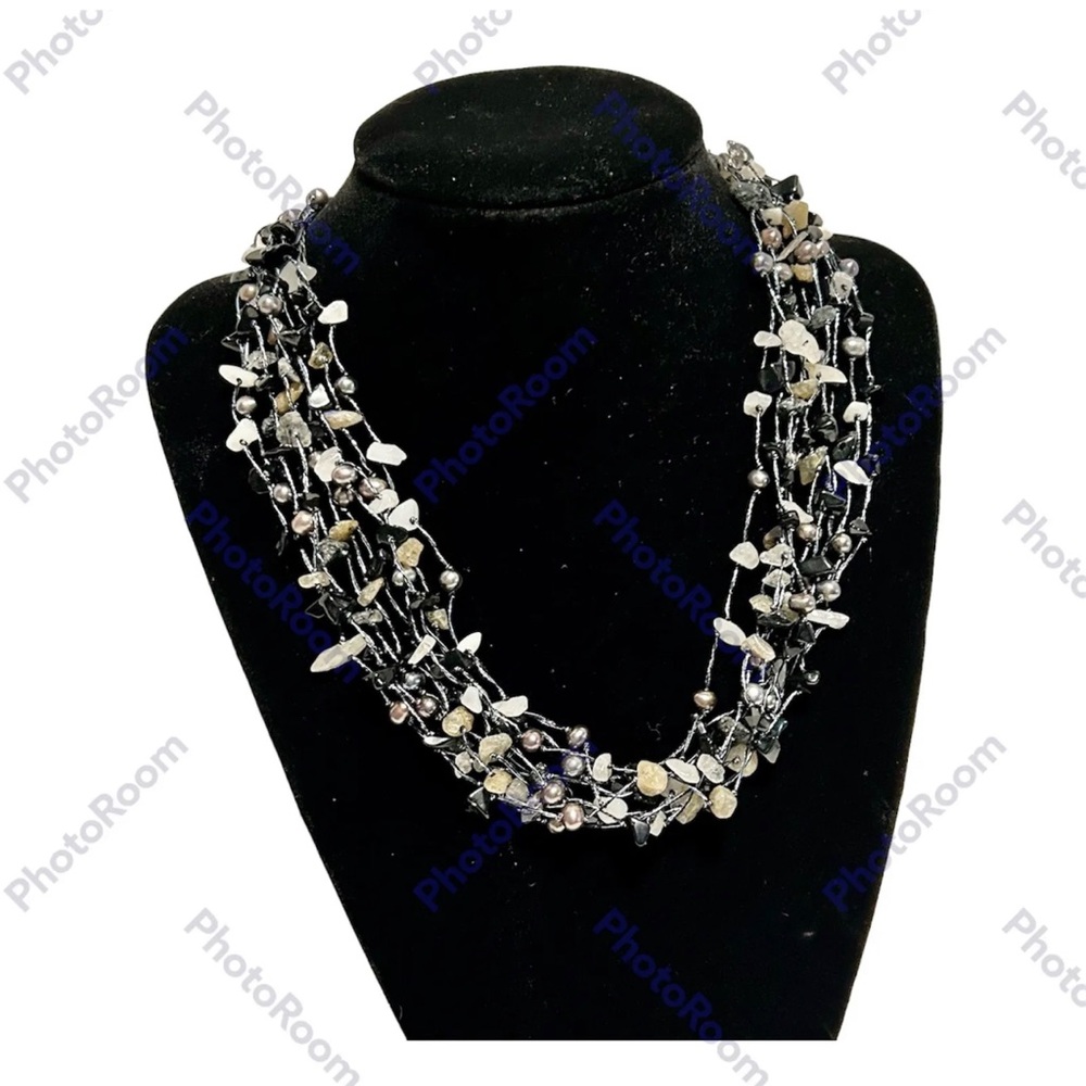 BOHO Multi Strand Polished Stone Beaded Necklace Black Gray Silver 8" Drop